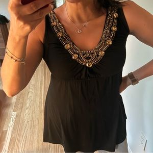 Stunning embellished babydoll deep scoop neck black blouse with gold beads-large